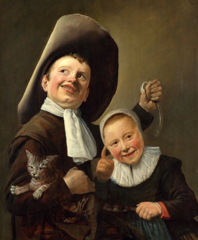 Un niño y una niña con un gato y una anguila de Judith Leyster